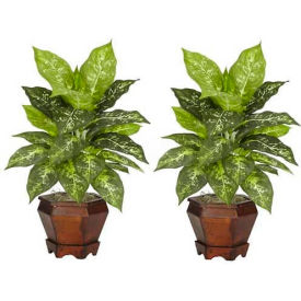 Nearly Natural Dieffenbachia with Wood Vase Silk Plant (Set of 2) Variegated 6712-VR-S2