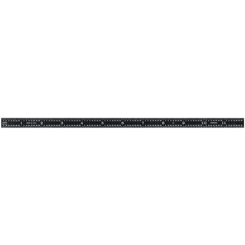 Steel Rules, Material: Steel , Length (Inch): 12 , Graduation (Inch): 1/64, 1/32, 1/16, 1/8 , Tip Style: Flat , Color: Black  MPN:522970120