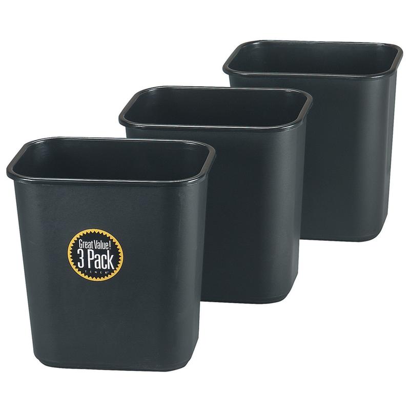 Rubbermaid Rectangular Plastic Trash Can, 7 Gallons, 15inH x 14-1/2inW x 10-1/2inD, Black, Pack Of 3 Cans (Min Order Qty 3) MPN:16328