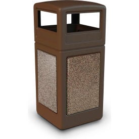 PolyTec™ Square Waste Container w/Dome Lid - Brown w/Riverstone Stone Panels 42-Gallon 72045599