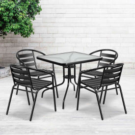 Flash Furniture® Square Glass Outdoor Dining Table Set w/ 4 Aluminium Slat Chairs Black -0732SQ-017CBK4-GGTLH