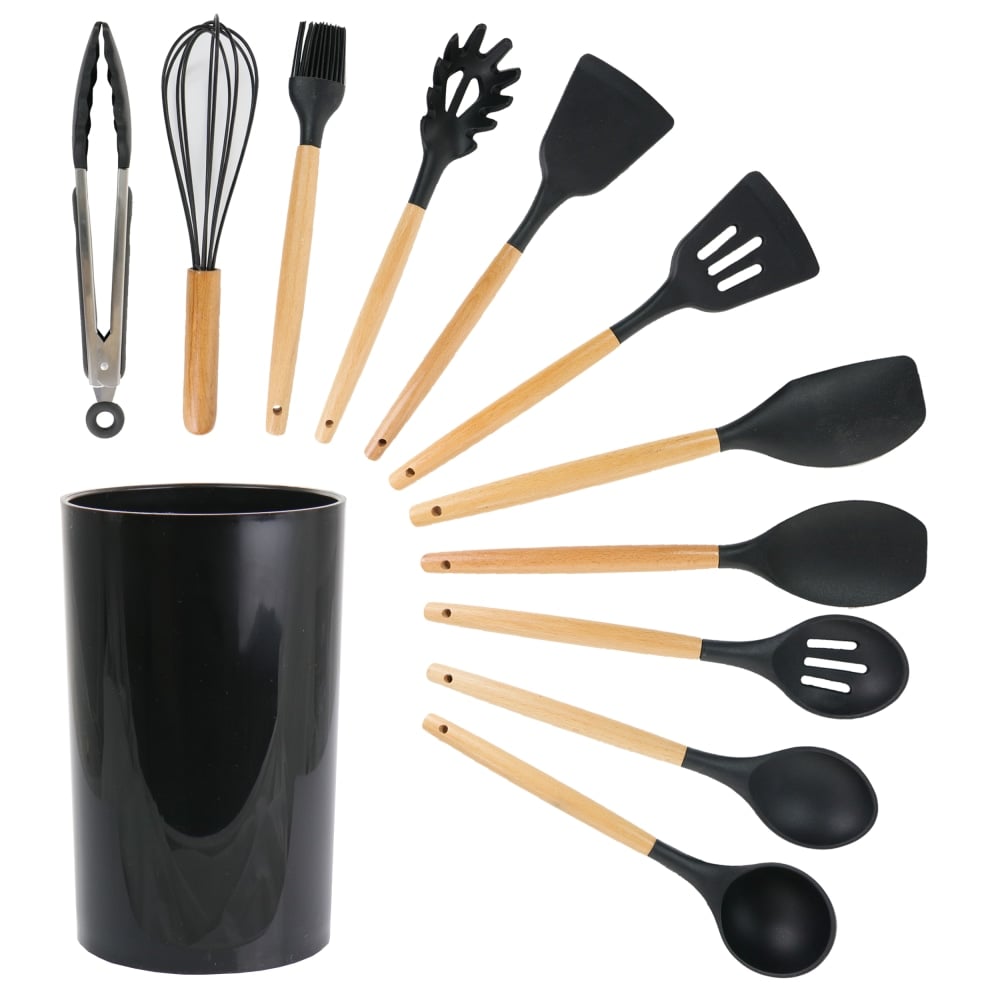 MegaChef Silicone And Wood Cooking Utensils, Black, Set Of 12 Utensils (Min Order Qty 2) MPN:995114360M