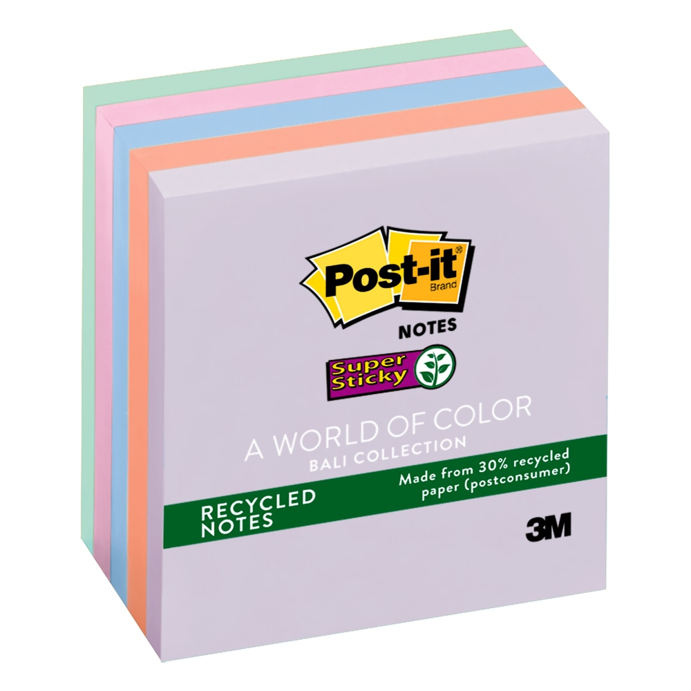 Post-it Recycled Super Sticky Notes, 3 in x 3 in, 5 Pads, 90 Sheets/Pad, 2x the Sticking Power, Wanderlust Pastels Collection, 30% Recycled (Min Order Qty 7) MPN:654-5SSNRP