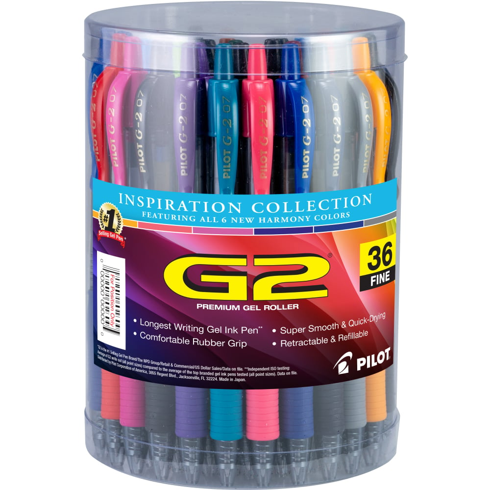 Pilot G2 Inspiration Gel Pens, Fine Point, 0.7 mm, Clear Barrels, Assorted Ink, Tub Of 36 Pens (Min Order Qty 2) MPN:18796