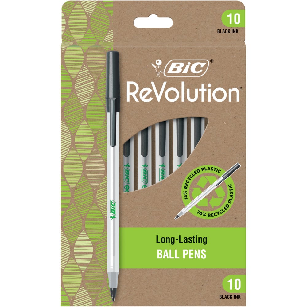 BIC ReVolution Round Stic Pens, Medium Point, 1.0 mm, 74% Recycled, Semi-Clear Barrel, Black Ink, Pack Of 10 Pens (Min Order Qty 23) MPN:GSME10-BLK