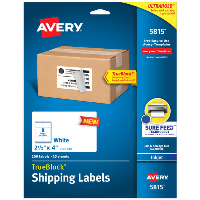 Avery Shipping Labels With TrueBlock Technology, 5815, 4inW x 2-1/2inD, White, Pack Of 200 Labels (Min Order Qty 5) MPN:5815