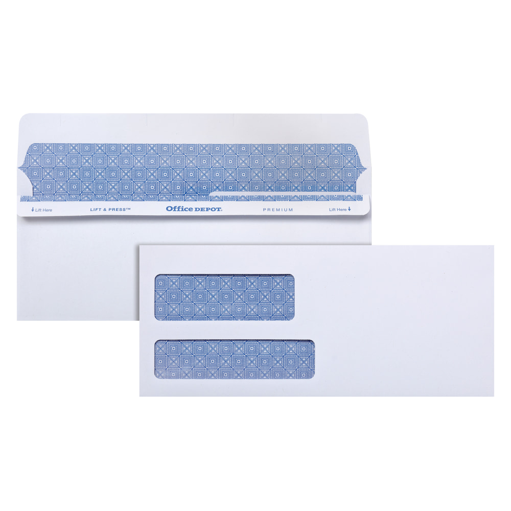 Office Depot Brand #9 Lift & Press Premium Security Envelopes, Double-Window, Self Seal, 100% Recycled, White, Box Of 500 (Min Order Qty 2) MPN:ODP76169