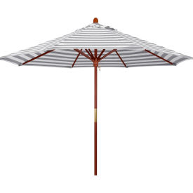 California Umbrella 9' Patio Umbrella - Gray White Cabana Stripe - Hardwood Pole - Grove Series MARE908-F95