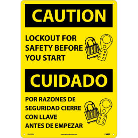 NMC™ Bilingual Plastic Sign Caution Lockout For Safety Before You Start 14