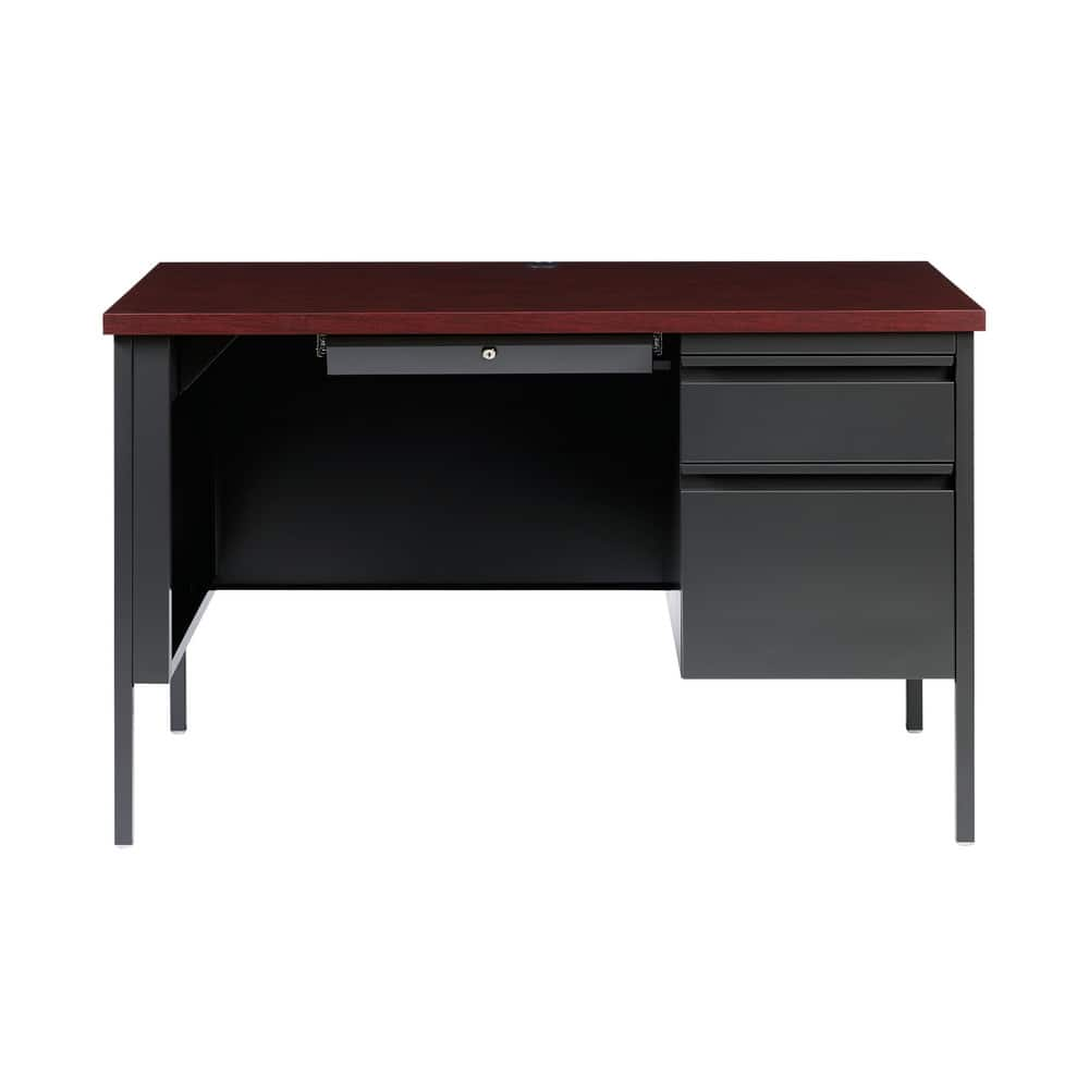 Steel Base Right Pedestal Desk: Woodgrain Laminate Top, Mahogany & Charcoal MPN:20093