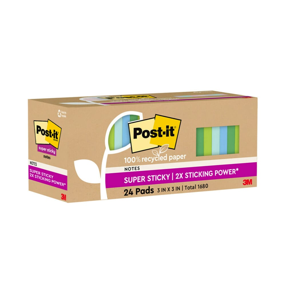 Post-it Recycled Super Sticky Notes, 3 in x 3 in, 24 Pads, 70 Sheets/Pad, 2x the Sticking Power, Oasis Collection, 100% Recycled (Min Order Qty 3) MPN:654R-24SST-CP