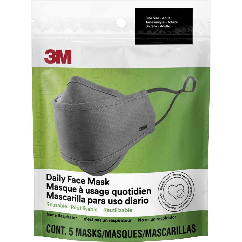 3M Daily Face Masks - Recommended for: Face, Indoor, Outdoor, Office, Transportation - Cotton, Fabric - Gray - Lightweight, Breathable, Adjustable, Elastic Loop, Nose Clip, Comfortable, Washable - 5 / Pack (Min Order Qty 4) MPN:RFM1005