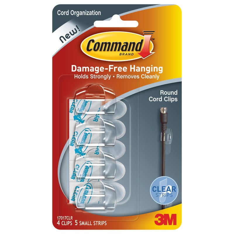 3M Command Damage-Free Cord Clips, Small, Clear, Pack Of 4 (Min Order Qty 15) MPN:17017CLR