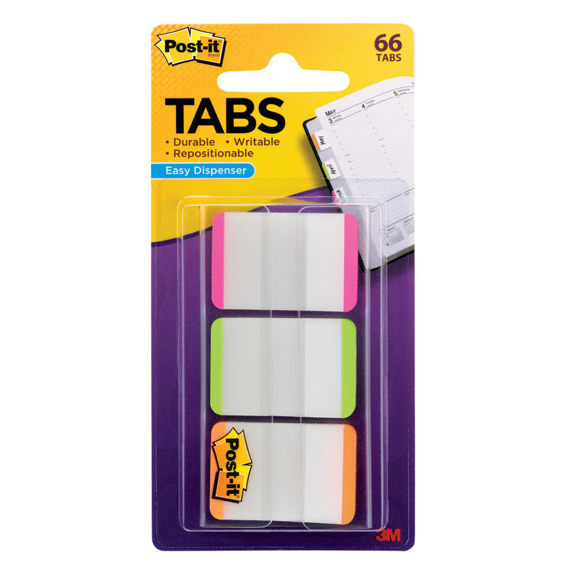 Post-it Notes Durable Filing Tabs, 1in x 1-1/2in, Green/Orange/Pink Color Bars, 22 Flags Per Pad, Pack Of 3 Pads (Min Order Qty 8) MPN:686L-PGO