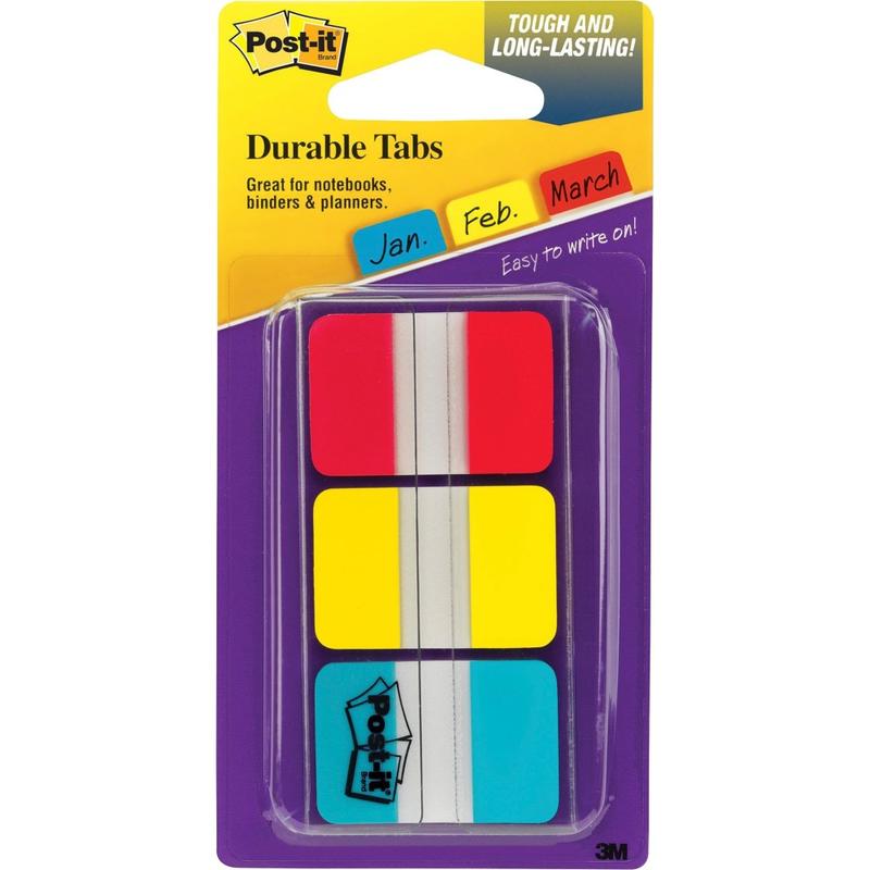 Post-it Durable Tabs - 36 Write-on Tab(s) - 1.50in Tab Height x 1in Tab Width - Red, Yellow, Blue Tab(s) - Wear Resistant, Tear Resistant, Repositionable - 1 / Pack (Min Order Qty 11) MPN:686RYBT