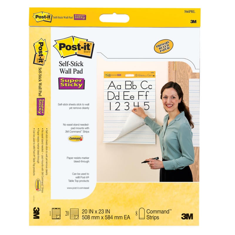 Post-it Self-Stick Wall Pad, 20in x 23in, White, Primary Ruled, 2 Pads Of 20 Sheets (Min Order Qty 2) MPN:566PRL