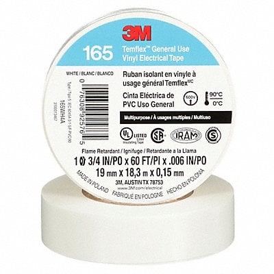 Elec Tape 60 ft Lx3/4 in W 6 mil White MPN:165WH4A