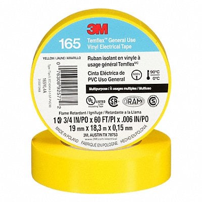 Elec Tape 60 ft Lx3/4 in W 6 mil Yellow MPN:165YL4A