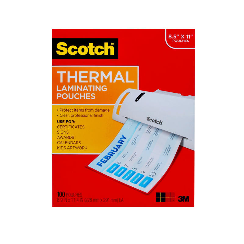 Scotch Thermal Laminating Pouches, 100 Laminating Sheets, 3 mil., Laminate Business Cards, Banners and Essays, Ideal Office or Back to School Supplies, Fits Letter Size (8.9 in x 11.4 in.) Paper (Min Order Qty 4) MPN:TP3854-100