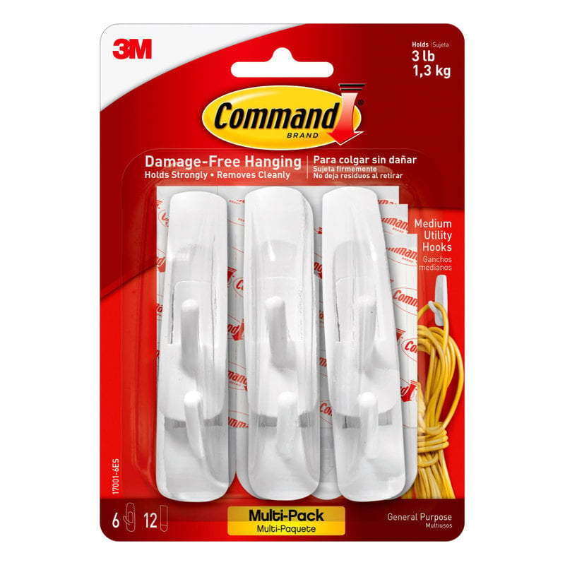 Command Medium Hooks, 6 Hooks, 12 White Adhesive Strips, Damage Free Hanging Picture Hangers, No Tools Wall Hanging Strips For Christmas Decorations (Min Order Qty 7) MPN:17001-VP-6PK