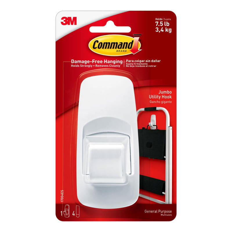 Command Jumbo Removable Plastic Utility Hook, 1-Command Hook, 4-Command Strips, Damage-Free, White (Min Order Qty 17) MPN:17004ES