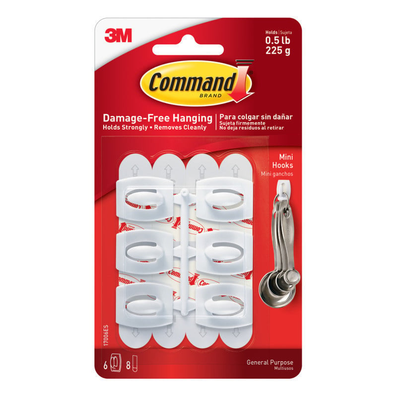 Command Mini Wall Hooks, 6 Hooks, 8 White Adhesive Strips, Damage Free Hanging Picture Hangers, No Tools Wall Hanging Strips For Living Spaces (Min Order Qty 20) MPN:17006