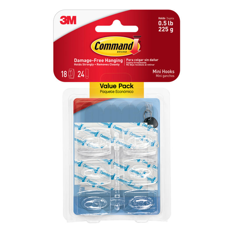 Command Mini Wall Hooks, 18 Command Hooks, 24 Command Strips, Damage Free Hanging of Dorm Room Decorations, Clear (Min Order Qty 6) MPN:17006CLR-18ES