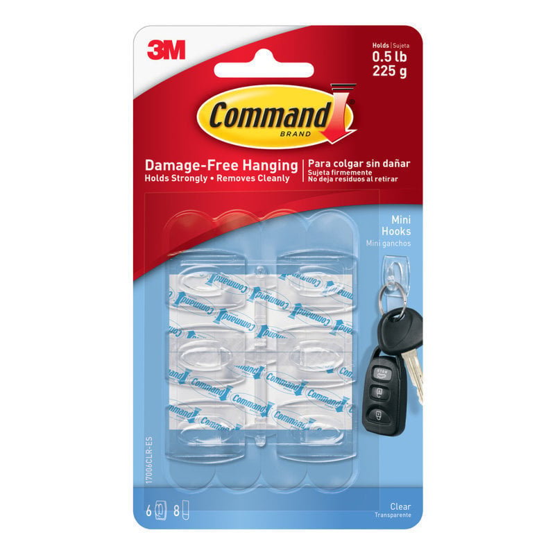 Command Mini Wall Hooks, 6 Command Hooks, 8 Command Strips, Damage Free Hanging of Dorm Room Decorations, Clear (Min Order Qty 16) MPN:17006CLR