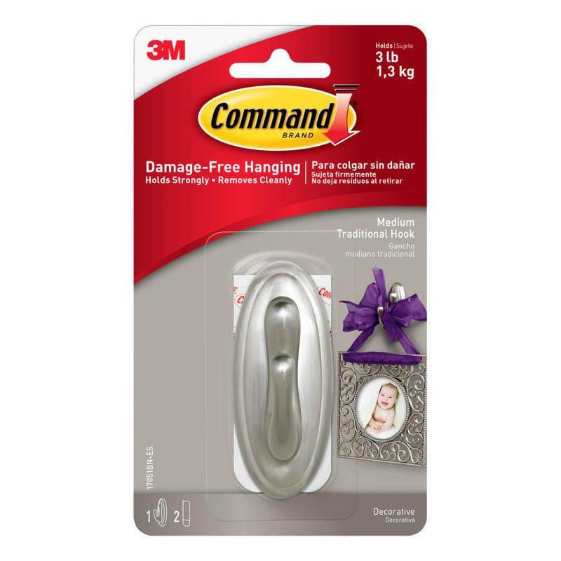 3M Command Damage-Free Removable Metal Hook, Traditional, Medium, 3 Lb, Brushed Nickel (Min Order Qty 8) MPN:17051BN