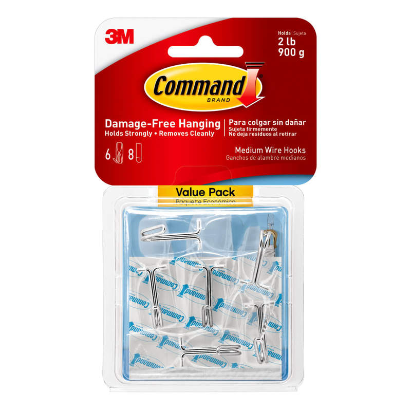 Command Medium Wire Hook Value Pack, 6-Command Hooks, 8 Command Strips, Damage-Free, Clear (Min Order Qty 7) MPN:17065CLR-VPES