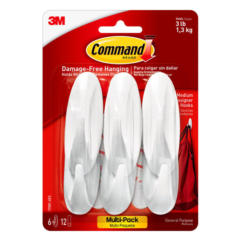 Command Medium General Purpose Removable Designer Plastic Hooks, 6-Command Hooks, 12-Command Strips, Damage-Free, White (Min Order Qty 7) MPN:17081-6ES