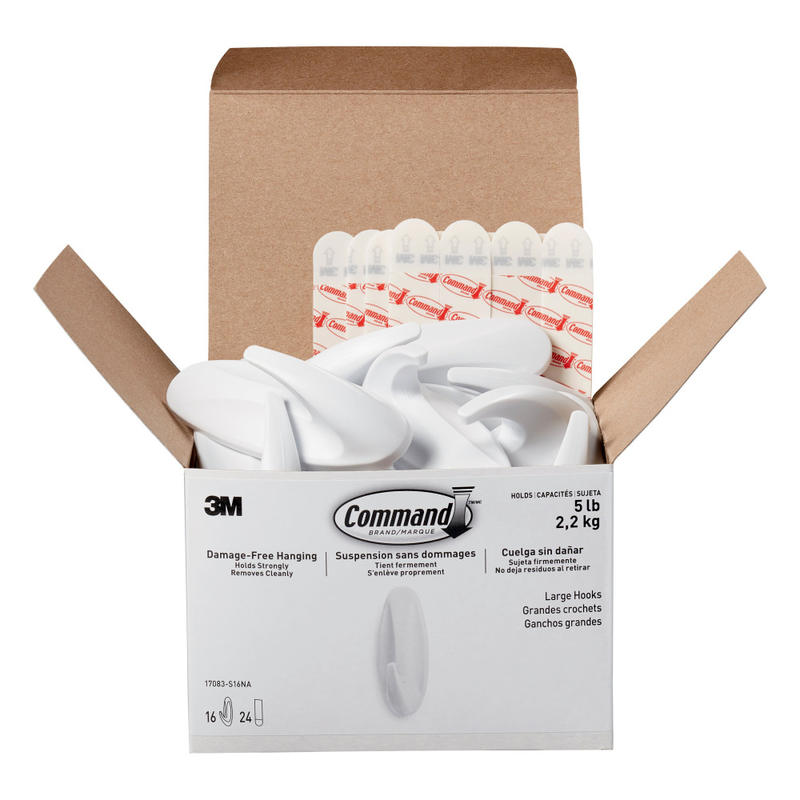 Command Large Wall Hooks, 16-Command Hooks, 24-Command Strips, Damage-Free, White (Min Order Qty 2) MPN:17083-S16NA