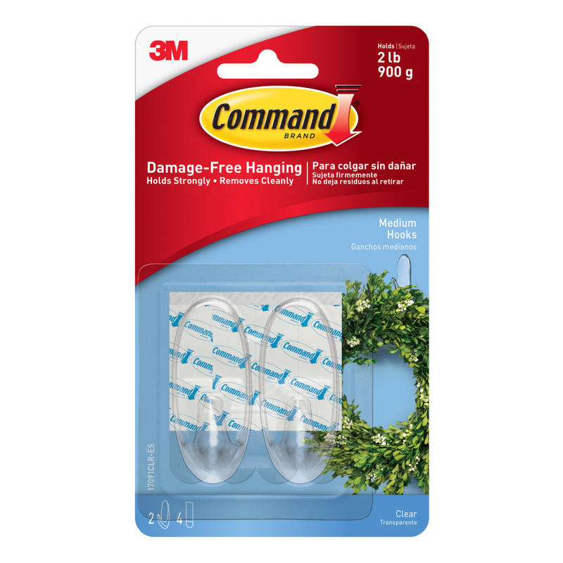 Command Medium Plastic Hooks, 2 Command Hooks, 4 Command Strips, Damage Free Hanging of Dorm Room Decorations, Clear (Min Order Qty 14) MPN:17091CLR