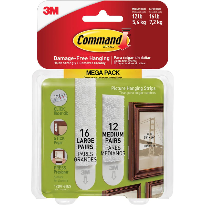 Command Medium and Large Picture Hanging Strips, 12 Pairs (24-Medium Command Strips), 16 Pairs (32-Large Command Strips), Damage Free Hanging of Dorm Decor, White (Min Order Qty 3) MPN:1720928ES