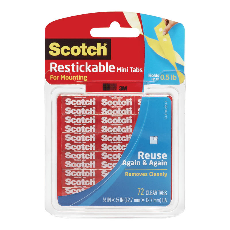 Scotch Restickable Removable Adhesive Tabs, 1/2in x 1/2in, Clear, Pack Of 72 (Min Order Qty 10) MPN:R103