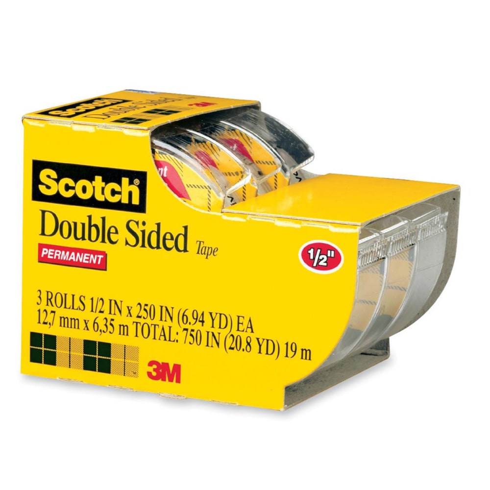 Scotch Double Sided Tape, Permanent, 1/2 in. x 250 in., 3 Tape Rolls, Clear, Home Office, Back to School Supplies and College Essentials for Students and Teachers (Min Order Qty 10) MPN:3136