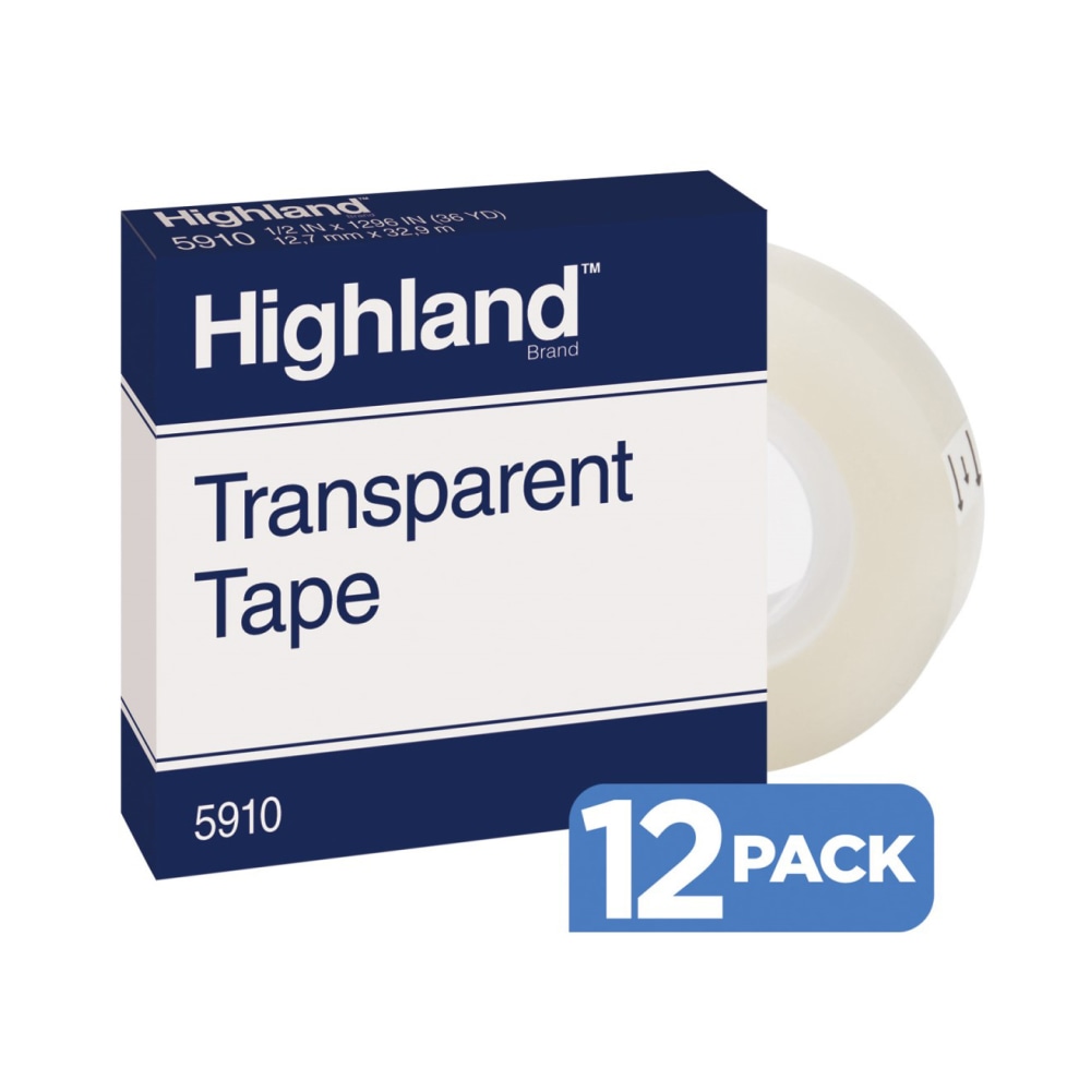 3M Highland 5910 Transparent Tape, 1/2in x 1,296, Pack Of 12 (Min Order Qty 6) MPN:5910-1/2X1296PK12