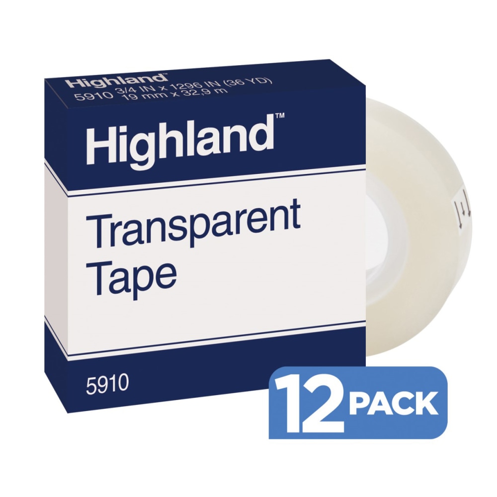 3M Highland 5910 Transparent Tape, 3/4in x 1,296in, Pack Of 12 (Min Order Qty 4) MPN:5910-3/4X1296PK12