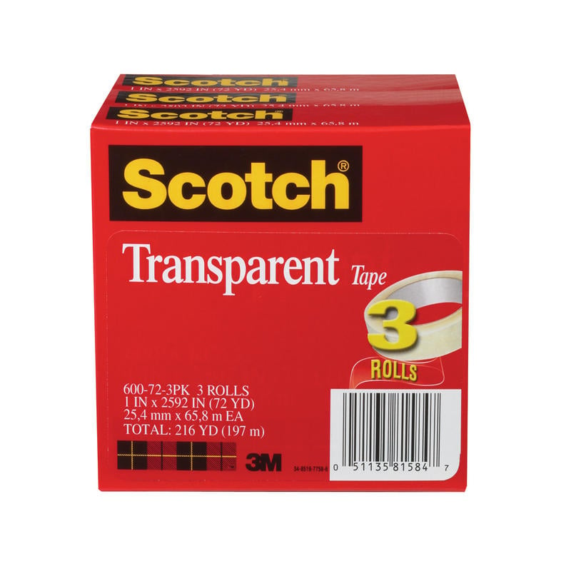 Scotch Transparent Tape, 1 in x 2592 in, 3 Tape Rolls, Clear, Home Office, Back to School Supplies and College Essentials for Students and Teachers (Min Order Qty 3) MPN:600-72-3PK