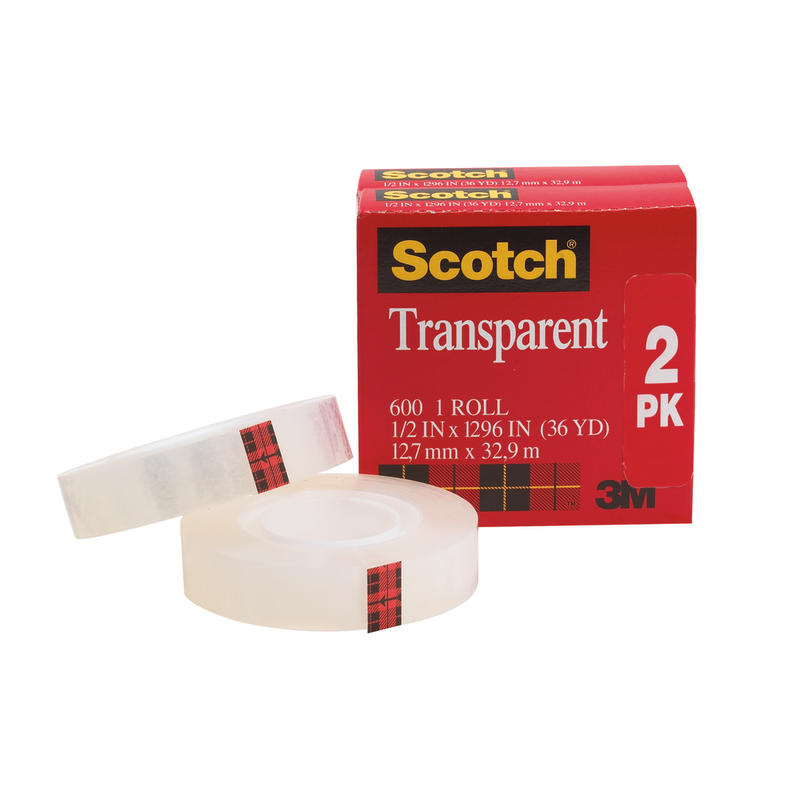 Scotch Transparent Tape, 2 Tape Rolls, 1/2 in x 1296 in, Home Office Supplies and School Supplies for College and Classrooms (Min Order Qty 13) MPN:600-H2