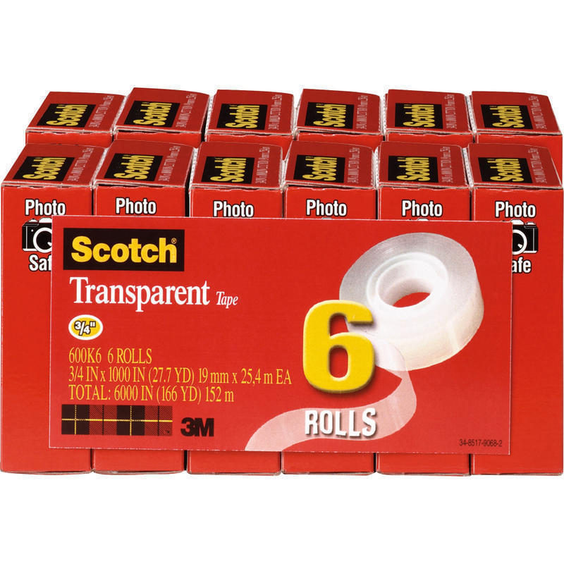 Scotch Transparent Tape, 0.75in x 83.34ft, Clear, Pack Of 12 Rolls (Min Order Qty 2) MPN:600K6BD