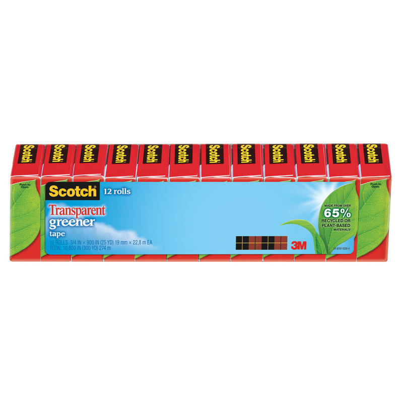 Scotch Transparent Greener Tape, 3/4 in. x 900 in., 12 Tape Rolls, Clear, Home Office, Back to School Supplies and College Essentials for Students and Teachers (Min Order Qty 3) MPN:612-12P