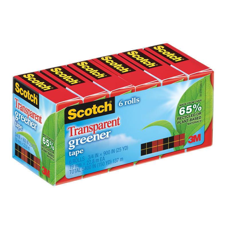 Scotch Greener Transparent Tape, 6 Tape Rolls, 3/4 in x 900 in, Home Office Supplies and School Supplies for College and Classrooms (Min Order Qty 4) MPN:612-6P