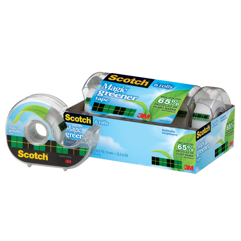 Scotch Greener Magic Tape with Dispenser, Invisible, 3/4 in x 600 in, 6 Tape Rolls, Clear, Home Office and School Supplies (Min Order Qty 5) MPN:6123