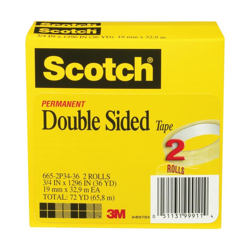 Scotch Double Sided Tape, Permanent, 3/4 in x 1296 in, 2 Tape Rolls, Clear, Home Office and School Supplies (Min Order Qty 3) MPN:665-2P34-36