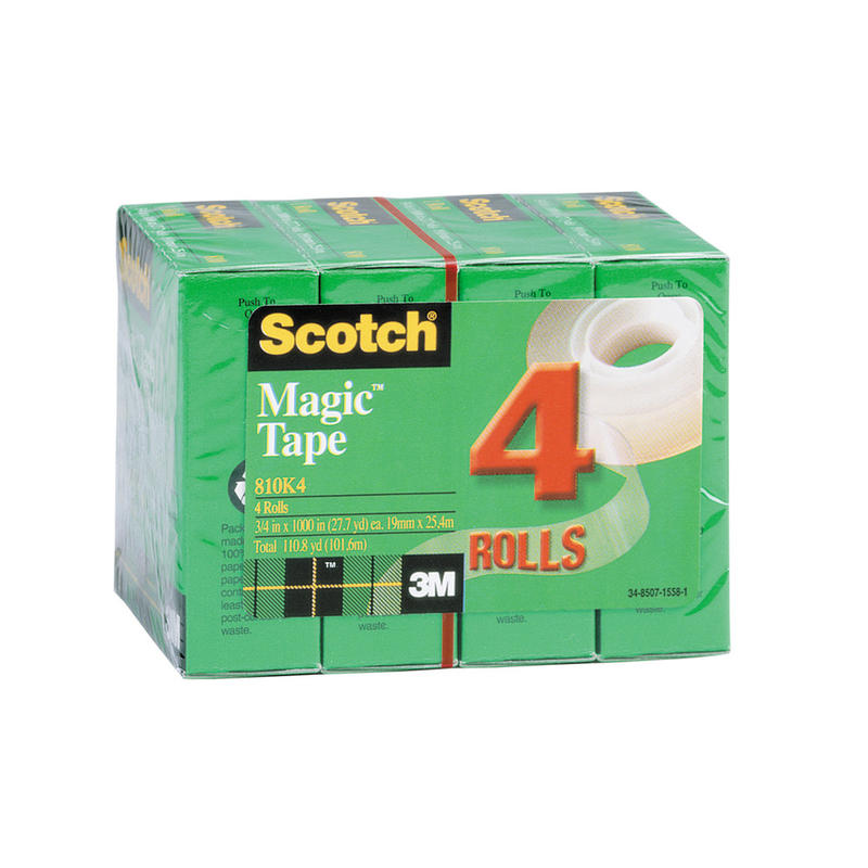 Scotch Magic Tape, Invisible, 3/4 in. x 1000 in., 4 Tape Rolls, Clear, Home Office, Back to School Supplies and College Essentials for Students and Teachers (Min Order Qty 5) MPN:810K4