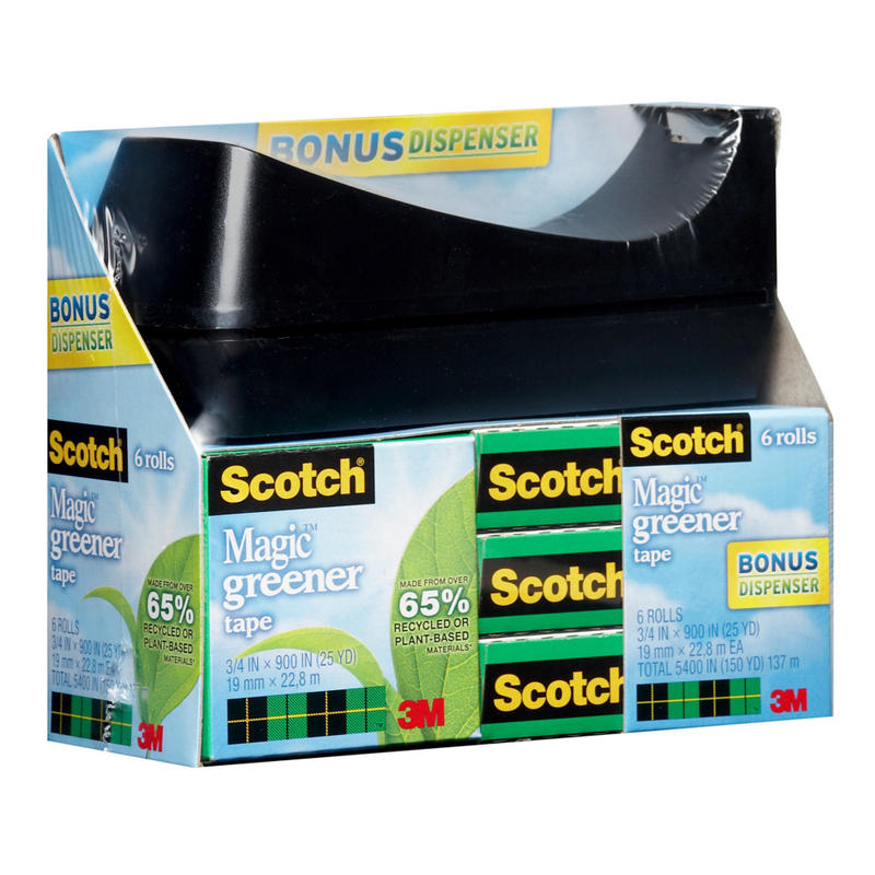 Scotch Greener Magic Tape with Dispenser, Invisible, 3/4 in x 900 in, 6 Tape Rolls, Clear, Home Office and School Supplies (Min Order Qty 4) MPN:812-6-P36