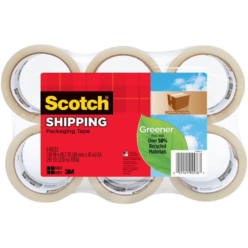 Scotch 3750 Greener Commercial Grade Packing Tape, 1-7/8in x 49.2 Yd., Clear, Pack Of 6 Rolls (Min Order Qty 2) MPN:3750-G6