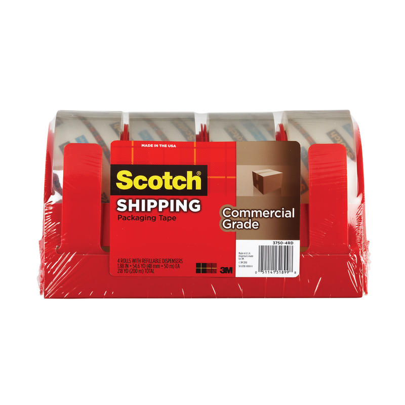 Scotch Commercial Grade Packing Tape With Dispensers, 1-7/8in x 54.6 Yd., Clear, Pack Of 4 Rolls (Min Order Qty 3) MPN:3750-RD