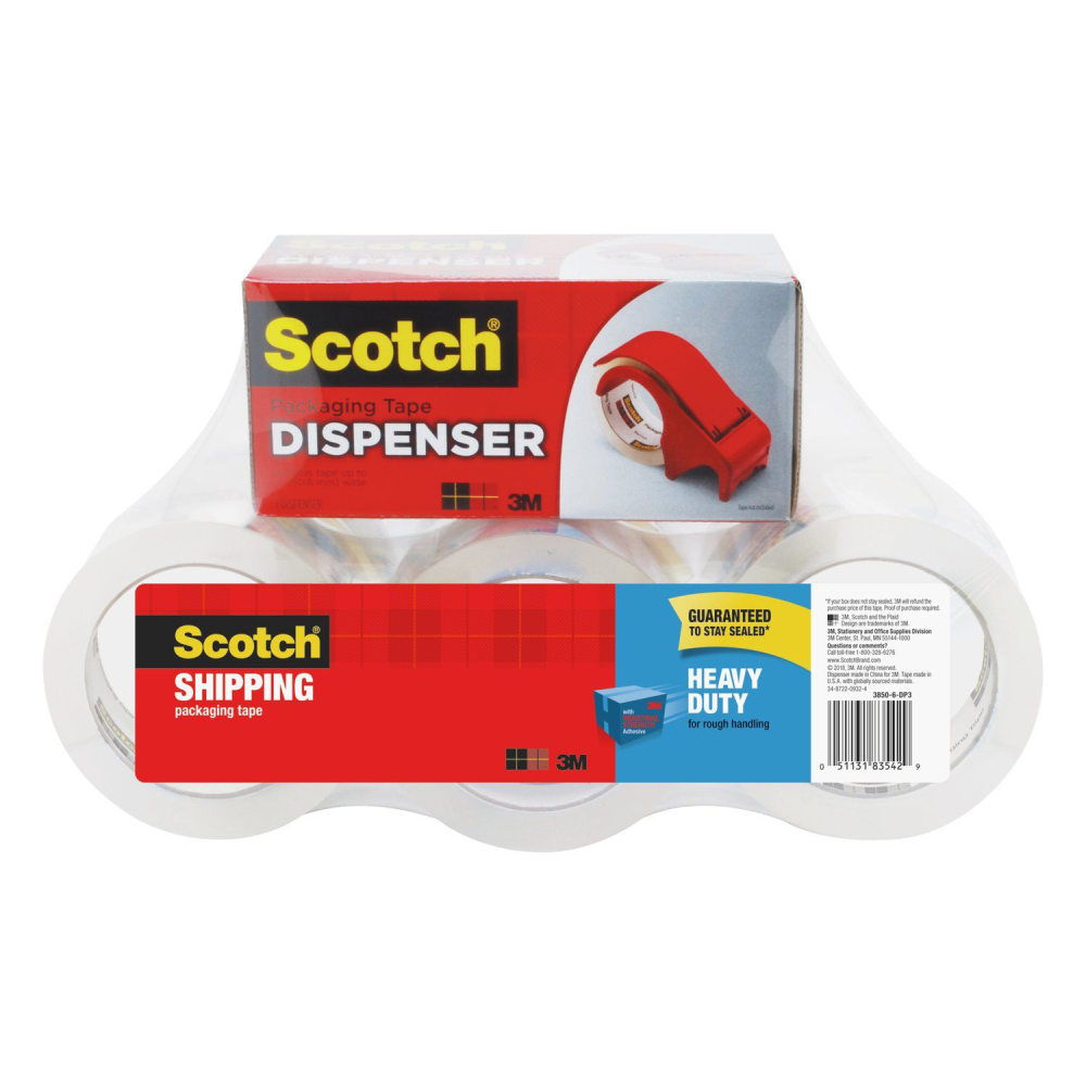 Scotch Heavy-Duty Shipping Packing Tape With Dispenser, 1-7/8in x 54.6 Yd., Clear, Pack Of 6 Rolls (Min Order Qty 2) MPN:3850-6BD